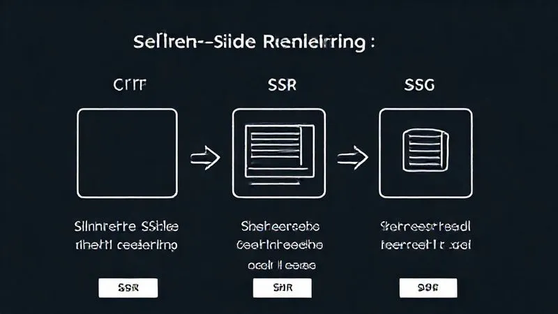 A photorealistic diagram illustrating the difference between Client-Side Rendering (CSR), Server-Side Rendering (SSR), and Static Site Generation (SSG). CSR shows an empty HTML shell, SSR shows a server rendering content before sending, and SSG shows pre-built files served from a CDN. Clear arrows and labels, professional, 8K, cinematic lighting.