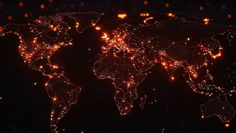 A photorealistic global network map, with glowing lines representing data flow. Multiple smaller, glowing nodes at the 'edge' of the network are processing data, illustrating edge computing. A central larger server is also present but shows less direct traffic. Professional, 8K, cinematic lighting, sharp focus.