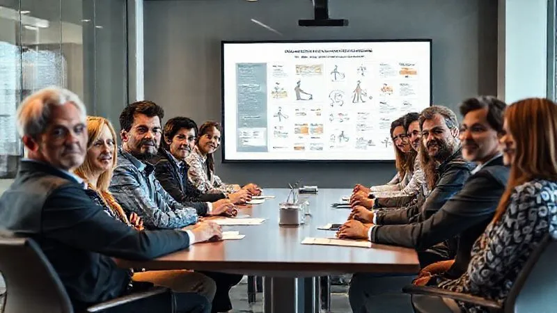 Photorealistic image of a diverse group of business stakeholders (some looking skeptical, others engaged) sitting around a modern conference table, a UX designer presenting a complex infographic about accessibility on a large screen behind them. Cinematic lighting, sharp focus on the faces, depth of field blurring the background, 8K hyper-detailed, professional photography, shot on a high-end DSLR.