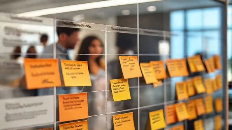 Photorealistic image of a Kanban board or a digital sprint planning interface, with sticky notes or digital cards explicitly detailing accessibility requirements within user stories. The scene is brightly lit, showing a diverse team collaborating in the background. Cinematic lighting, sharp focus on the board details, depth of field blurring the team, 8K hyper-detailed, professional photography, shot on a high-end DSLR.