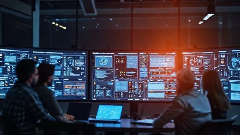 Photorealistic image of a complex digital design system interface on multiple screens, showing interconnected UI components with accessibility annotations and guidelines clearly visible. A diverse team of designers and developers are collaborating around the screens. Cinematic lighting, sharp focus on the digital interface, depth of field blurring the team members, 8K hyper-detailed, professional photography, shot on a high-end DSLR.