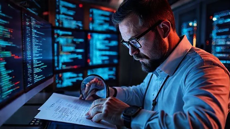 photorealistic, professional photography, 8K, cinematic lighting, sharp focus, depth of field, shot on a high-end DSLR, a cybersecurity expert meticulously reviewing lines of code on multiple glowing screens, with a magnifying glass over a legal document, representing thorough license auditing and risk assessment in a modern data center environment, with subtle green and red highlights indicating compliance and non-compliance. photorealistic, professional photography, 8K, cinematic lighting, sharp focus, depth of field, shot on a high-end DSLR, a cybersecurity expert meticulously reviewing lines of code on multiple glowing screens, with a magnifying glass over a legal document, representing thorough license auditing and risk assessment in a modern data center environment, with subtle green and red highlights indicating compliance and non-compliance.