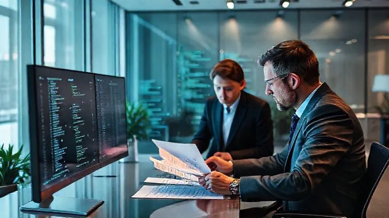 photorealistic, professional photography, 8K, cinematic lighting, sharp focus, depth of field, shot on a high-end DSLR, a legal professional and a software architect in a sleek, modern office, reviewing documents and code on a large monitor, with a subtle overlay of a digital network graph, symbolizing the collaboration between legal counsel and technical teams for continuous monitoring and compliance in open source licensing. photorealistic, professional photography, 8K, cinematic lighting, sharp focus, depth of field, shot on a high-end DSLR, a legal professional and a software architect in a sleek, modern office, reviewing documents and code on a large monitor, with a subtle overlay of a digital network graph, symbolizing the collaboration between legal counsel and technical teams for continuous monitoring and compliance in open source licensing.