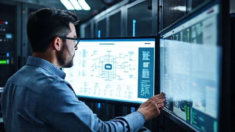 A photorealistic image of an IT professional meticulously reviewing a complex infrastructure diagram on a large monitor, surrounded by server racks in a data center. Cinematic lighting, sharp focus on the diagram, depth of field blurring the background, 8K hyper-detailed, professional photography, shot on a high-end DSLR. A photorealistic image of an IT professional meticulously reviewing a complex infrastructure diagram on a large monitor, surrounded by server racks in a data center. Cinematic lighting, sharp focus on the diagram, depth of field blurring the background, 8K hyper-detailed, professional photography, shot on a high-end DSLR.