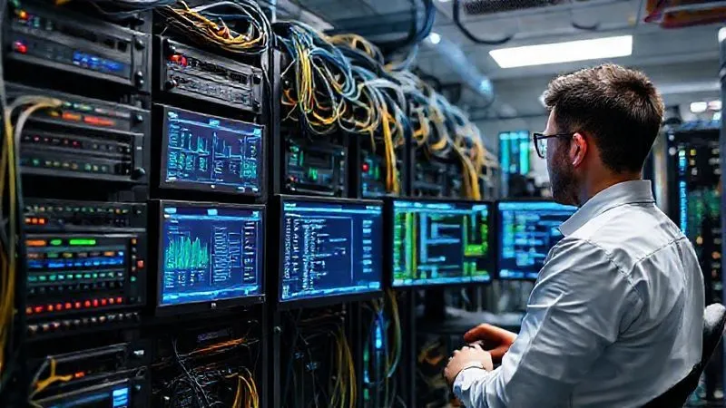 A photorealistic image of a dedicated IT staging environment, with new servers and networking equipment neatly arranged on racks, connected by a tangle of color-coded cables. A technician is intently observing data on multiple monitors, showing network graphs and system logs. Cinematic lighting, sharp focus on the technician and screens, depth of field blurring the background, 8K hyper-detailed, professional photography, shot on a high-end DSLR. A photorealistic image of a dedicated IT staging environment, with new servers and networking equipment neatly arranged on racks, connected by a tangle of color-coded cables. A technician is intently observing data on multiple monitors, showing network graphs and system logs. Cinematic lighting, sharp focus on the technician and screens, depth of field blurring the background, 8K hyper-detailed, professional photography, shot on a high-end DSLR.