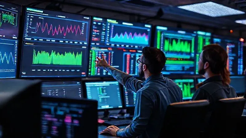 A photorealistic image of a modern network operations center (NOC) with multiple large screens displaying real-time system performance graphs, network traffic, and server health metrics. An IT team member is pointing at a specific alert on one of the screens, collaborating with a colleague. Cinematic lighting, sharp focus on the screens and team, depth of field blurring the background, 8K hyper-detailed, professional photography, shot on a high-end DSLR. A photorealistic image of a modern network operations center (NOC) with multiple large screens displaying real-time system performance graphs, network traffic, and server health metrics. An IT team member is pointing at a specific alert on one of the screens, collaborating with a colleague. Cinematic lighting, sharp focus on the screens and team, depth of field blurring the background, 8K hyper-detailed, professional photography, shot on a high-end DSLR.