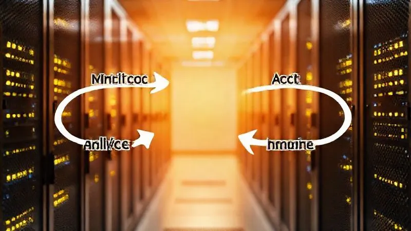 A photorealistic, professional photography image of a continuous feedback loop diagram, showing arrows flowing from 'Monitor' to 'Analyze' to 'Act' to 'Improve' and back to 'Monitor', set against a backdrop of glowing server racks. The image emphasizes process and learning, 8K, cinematic lighting, sharp focus on the diagram, depth of field, shot on a high-end DSLR. A photorealistic, professional photography image of a continuous feedback loop diagram, showing arrows flowing from 'Monitor' to 'Analyze' to 'Act' to 'Improve' and back to 'Monitor', set against a backdrop of glowing server racks. The image emphasizes process and learning, 8K, cinematic lighting, sharp focus on the diagram, depth of field, shot on a high-end DSLR.