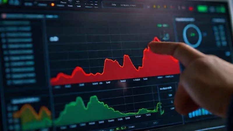 A photorealistic, professional photography, 8K, cinematic lighting, sharp focus, depth of field, shot on a high-end DSLR of a complex dashboard displaying various API performance metrics: response times, error rates, throughput, and CPU/memory usage, with a prominent red spike indicating a recent slowdown. A developer's hand is pointing to a specific graph segment, highlighting the diagnostic process.
