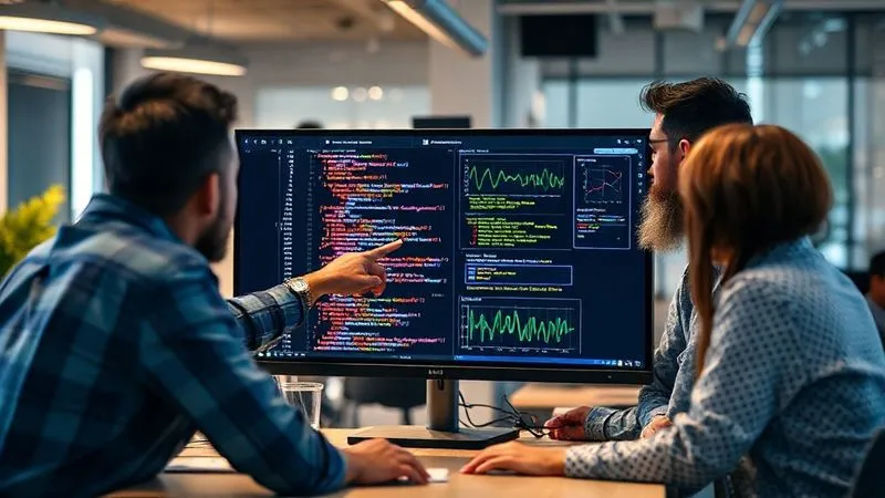 A photorealistic, professional image of a diverse development team actively collaborating around a large monitor displaying code and performance graphs. One team member points to a specific area on the screen, while others are engaged in discussion. The atmosphere is focused and collaborative, with warm, inviting office lighting, 8K, cinematic lighting, sharp focus on the team and screen, depth of field blurring the background office, shot on a high-end DSLR. A photorealistic, professional image of a diverse development team actively collaborating around a large monitor displaying code and performance graphs. One team member points to a specific area on the screen, while others are engaged in discussion. The atmosphere is focused and collaborative, with warm, inviting office lighting, 8K, cinematic lighting, sharp focus on the team and screen, depth of field blurring the background office, shot on a high-end DSLR.