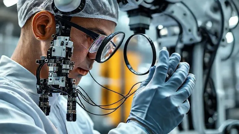 A close-up, photorealistic image of a skilled robotics technician in a cleanroom environment, wearing gloves, meticulously inspecting the wiring harness of an industrial robot arm's sensor array with a magnifying glass. Cinematic lighting highlights the delicate connections, sharp focus on the technician's hands and the intricate wiring, depth of field blurring the background robot chassis, 8K hyper-detailed, shot on a high-end DSLR.