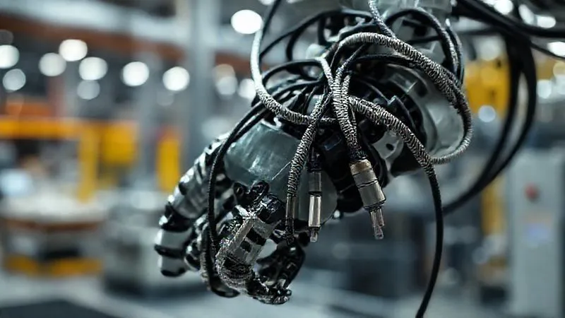A photorealistic, professional photography shot of an industrial robot arm's intricate wiring harness, with some cables visibly shielded and wrapped in metallic braiding, while others have ferrite chokes attached. The background shows a subtle, almost ethereal glow representing electromagnetic fields, with sharp focus on the cable management and shielding, depth of field blurring the factory floor, 8K hyper-detailed, cinematic lighting, shot on a high-end DSLR.