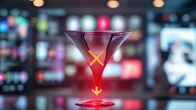 A photorealistic, professional photography, 8K, cinematic lighting, sharp focus, depth of field, shot on a high-end DSLR, image of a stylized digital conversion funnel, visually representing the journey from app store impression to install. A significant portion of the funnel is depicted as 'leaking' or 'broken' with a red 'X' or downward arrow, symbolizing a sudden drop-off point. The background subtly shows blurred app store interfaces and user interaction data, emphasizing the diagnostic challenge. A photorealistic, professional photography, 8K, cinematic lighting, sharp focus, depth of field, shot on a high-end DSLR, image of a stylized digital conversion funnel, visually representing the journey from app store impression to install. A significant portion of the funnel is depicted as 'leaking' or 'broken' with a red 'X' or downward arrow, symbolizing a sudden drop-off point. The background subtly shows blurred app store interfaces and user interaction data, emphasizing the diagnostic challenge.