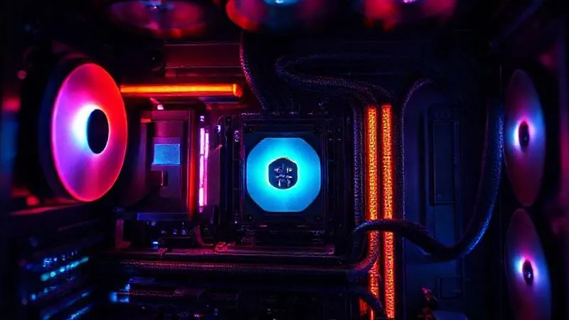 Photorealistic, professional photography, 8K, cinematic lighting, sharp focus, depth of field, shot on a high-end DSLR. A meticulously organized interior of a high-performance gaming PC, with glowing RGB components (GPU, CPU cooler, RAM sticks) interconnected by clean, braided cables. The focus is on the powerful CPU and GPU, suggesting raw processing power and speed, with a subtle digital overlay representing data flow and optimized performance. Photorealistic, professional photography, 8K, cinematic lighting, sharp focus, depth of field, shot on a high-end DSLR. A meticulously organized interior of a high-performance gaming PC, with glowing RGB components (GPU, CPU cooler, RAM sticks) interconnected by clean, braided cables. The focus is on the powerful CPU and GPU, suggesting raw processing power and speed, with a subtle digital overlay representing data flow and optimized performance.