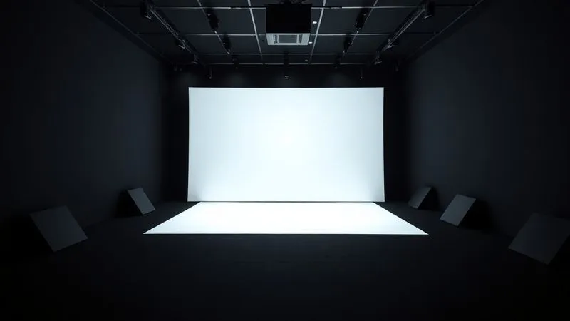 A photorealistic, professional photography shot of a meticulously designed darkroom environment for a large-scale holographic display. The scene shows black, non-reflective walls and ceiling, with strategically placed light baffles (dark, angular structures) around the projection area. A single, focused holographic image is visible, starkly contrasted against the dark background, emphasizing clarity and the absence of stray light. Cinematic lighting, sharp focus on the holographic projection and baffles, depth of field blurring the distant dark walls, 8K hyper-detailed, conveying precision and controlled environment. A photorealistic, professional photography shot of a meticulously designed darkroom environment for a large-scale holographic display. The scene shows black, non-reflective walls and ceiling, with strategically placed light baffles (dark, angular structures) around the projection area. A single, focused holographic image is visible, starkly contrasted against the dark background, emphasizing clarity and the absence of stray light. Cinematic lighting, sharp focus on the holographic projection and baffles, depth of field blurring the distant dark walls, 8K hyper-detailed, conveying precision and controlled environment.