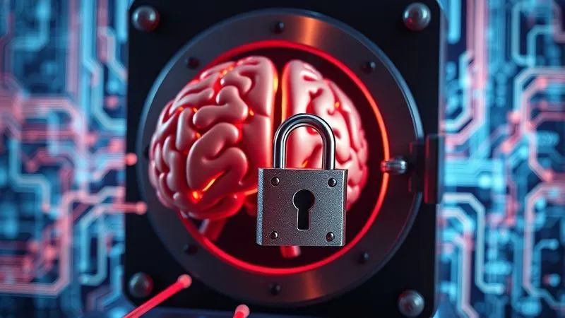 A photorealistic 3D visualization of encrypted data streams flowing from a stylized brain icon into a secure digital vault, represented by a padlock, with visible layers of cryptographic algorithms. Cinematic lighting, sharp focus, depth of field, 8K hyper-detailed, professional photography.
