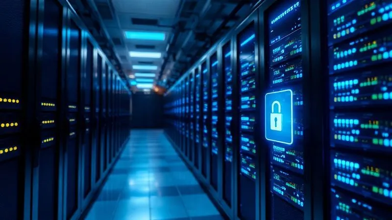 A photorealistic, highly secure data center environment with rows of servers glowing with blue lights, protected by biometric scanners and a visible digital security overlay. Cinematic lighting, sharp focus on the security features, depth of field blurring the background, 8K hyper-detailed, professional photography.