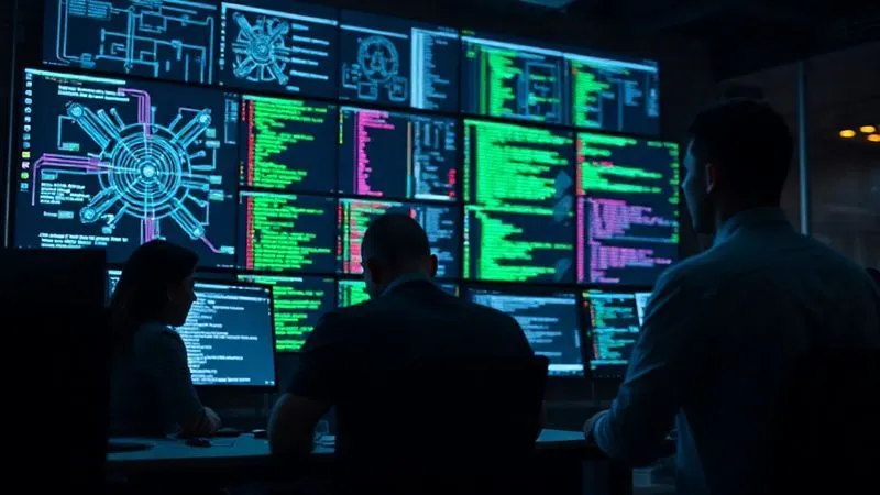 A professional cybersecurity team in a modern, dark office environment, intensely focused on multiple large screens displaying complex network diagrams and code, with lines of green code highlighting potential vulnerabilities. Cinematic lighting, sharp focus on the team and screens, depth of field, 8K hyper-detailed, professional photography.