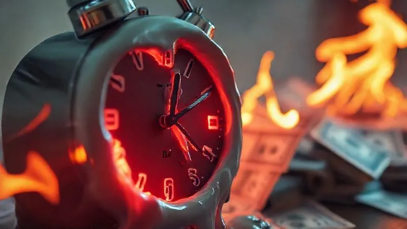 A photorealistic image of a digital clock face melting and distorting, with dollar bills burning in the background, conveying urgency and financial loss. Cinematic lighting, sharp focus on the melting clock, depth of field blurring the background, 8K hyper-detailed, professional photography, shot on a high-end DSLR.