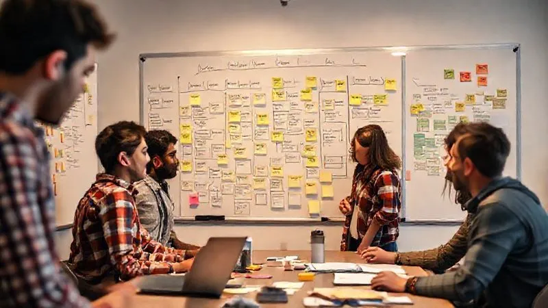 A photorealistic image of a diverse team of designers, developers, and product managers intensely collaborating around a whiteboard filled with user flows and sticky notes, demonstrating a rapid design sprint in action. Cinematic lighting, sharp focus on the team, depth of field blurring the background, 8K hyper-detailed, professional photography, shot on a high-end DSLR.