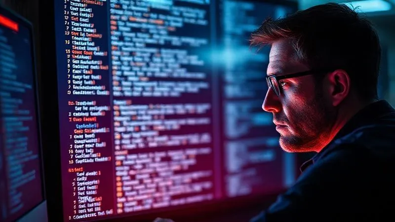 A photorealistic image of a stressed network administrator intensely staring at a complex firewall configuration screen filled with intricate rules, a single highlighted rule showing an 'any-any' open port, cinematic lighting emphasizing the screen glow on their face, professional photography, 8K, sharp focus, depth of field, shot on a high-end DSLR.