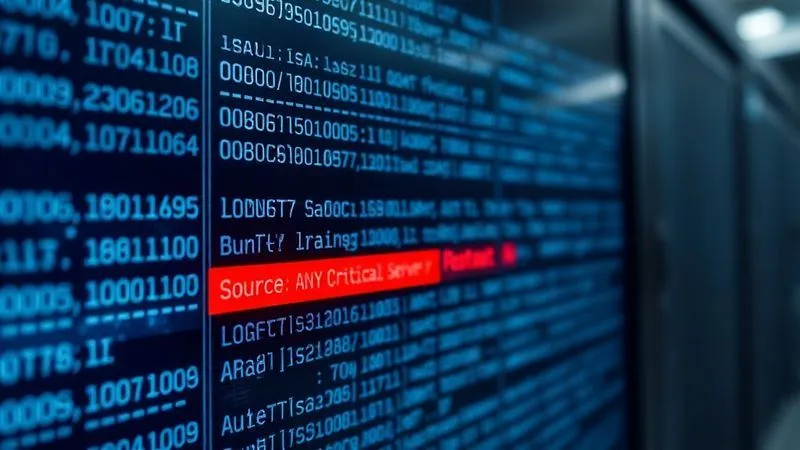 A photorealistic close-up of a digital firewall interface, displaying a complex matrix of network rules. A specific rule with 'Source: ANY, Destination: Critical Server IP, Port: ANY' is highlighted in red, signifying a dangerous misconfiguration. The background is a blurred server rack. Professional photography, 8K, cinematic lighting, sharp focus on the highlighted rule, depth of field, shot on a high-end DSLR.