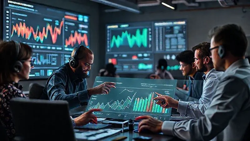 A photorealistic, professional photography, 8K, cinematic lighting, sharp focus, depth of field, shot on a high-end DSLR, depicting a diverse team of VFX artists and technicians collaboratively analyzing performance data on large holographic screens. Graphs and metrics are displayed prominently, with team members pointing to specific data points, symbolizing data-driven decision-making and continuous improvement. The atmosphere is one of focused problem-solving and innovation. A photorealistic, professional photography, 8K, cinematic lighting, sharp focus, depth of field, shot on a high-end DSLR, depicting a diverse team of VFX artists and technicians collaboratively analyzing performance data on large holographic screens. Graphs and metrics are displayed prominently, with team members pointing to specific data points, symbolizing data-driven decision-making and continuous improvement. The atmosphere is one of focused problem-solving and innovation.