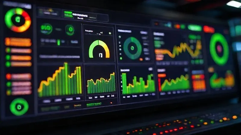 A photorealistic image of a futuristic, glowing dashboard displaying various CI/CD metrics: charts for pipeline duration, deployment frequency, and change lead time, with green indicators for healthy performance and a few red alerts highlighting potential bottlenecks. The dashboard is clean, professional, and has a slight depth of field, suggesting a complex system behind it. Professional photography, 8K, cinematic lighting, sharp focus, depth of field, shot on a high-end DSLR. A photorealistic image of a futuristic, glowing dashboard displaying various CI/CD metrics: charts for pipeline duration, deployment frequency, and change lead time, with green indicators for healthy performance and a few red alerts highlighting potential bottlenecks. The dashboard is clean, professional, and has a slight depth of field, suggesting a complex system behind it. Professional photography, 8K, cinematic lighting, sharp focus, depth of field, shot on a high-end DSLR.
