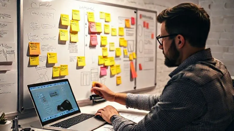 A photorealistic, professional photography, 8K, cinematic lighting, sharp focus, depth of field, shot on a high-end DSLR of a UX designer meticulously organizing sticky notes on a whiteboard, surrounded by design sketches and a laptop displaying a prototype, reflecting thorough preparation and strategic planning for a feedback session. The scene should evoke calm focus and readiness.