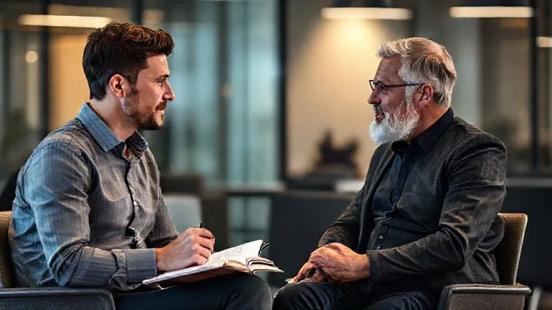 A photorealistic, professional photography, 8K, cinematic lighting, sharp focus, depth of field, shot on a high-end DSLR of a UX designer sitting opposite a stakeholder, both engaged in conversation. The designer is actively listening, maintaining eye contact, with a notebook open and pen poised, capturing notes meticulously. The scene should convey empathy, deep concentration, and effective communication in a modern office setting.