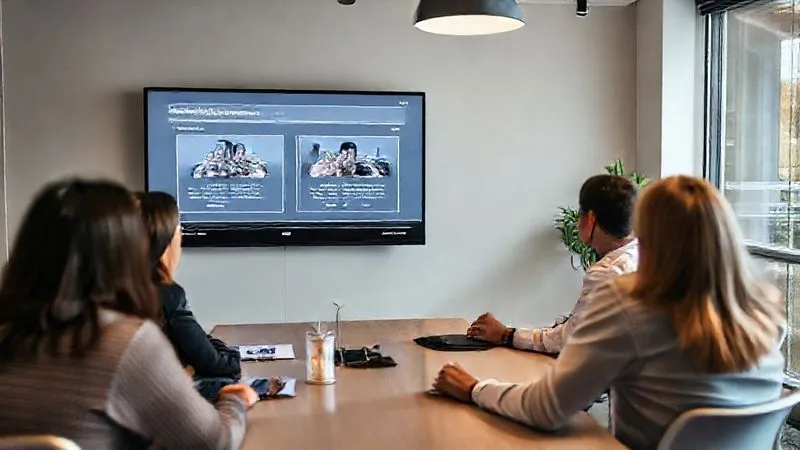 A photorealistic, professional photography, 8K, cinematic lighting, sharp focus, depth of field, shot on a high-end DSLR of a UX designer presenting an updated prototype on a large screen to a small group of stakeholders in a modern meeting room. The screen shows clear 'before and after' comparisons, and the designer is confidently explaining the design decisions based on previous feedback, fostering a sense of collaboration and progress. The atmosphere is engaged and positive.