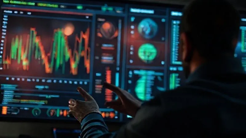 A photorealistic, professional image of a person analyzing a detailed skill matrix on a large digital dashboard, with specific tech skills highlighted, reflecting a gap analysis. Cinematic lighting, sharp focus on the data, depth of field blurring the background. 8K hyper-detailed, shot on a high-end DSLR.