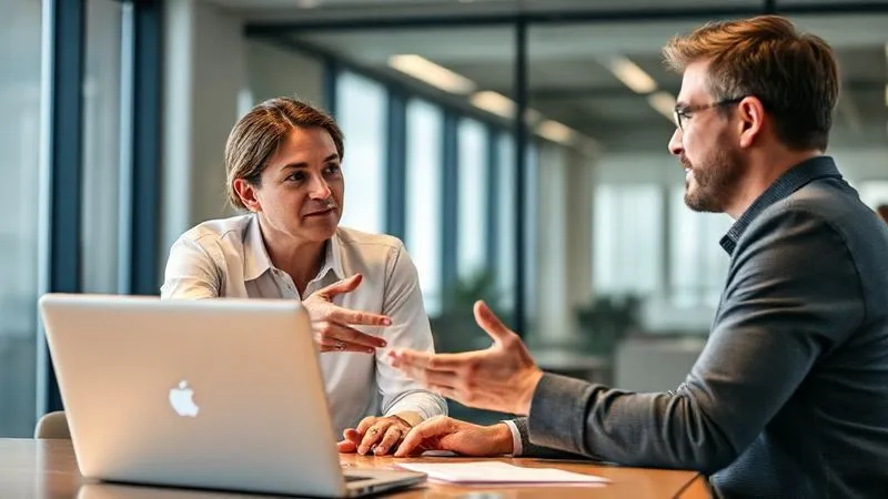 A photorealistic, professional image of two people engaged in an earnest, respectful negotiation in a modern meeting room, with open body language. One person is gesturing towards a laptop screen, the other is listening intently. Cinematic lighting, sharp focus on their interaction, depth of field blurring the background. 8K hyper-detailed, shot on a high-end DSLR.