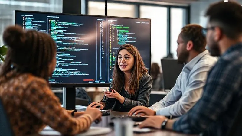 A photorealistic image of a diverse tech team collaborating around a large monitor displaying complex code and project timelines, with a confident female developer (representing Sarah) leading the discussion. The office environment is modern and dynamic. Cinematic lighting, sharp focus on the team's interaction, depth of field blurring the background. 8K hyper-detailed, shot on a high-end DSLR.
