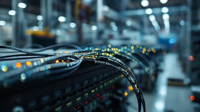 A photorealistic, professional photography, 8K, cinematic lighting, sharp focus, depth of field, shot on a high-end DSLR, showing intricate network cables glowing with data streams converging into a robust industrial switch, with a blurred backdrop of factory machinery, emphasizing high-speed data flow and interconnectedness.