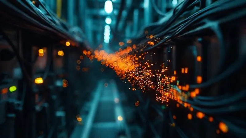 A photorealistic, professional photography, 8K, cinematic lighting, sharp focus, depth of field, shot on a high-end DSLR, showing a stylized visual representation of data packets, some large and inefficient (symbolizing JSON/XML) and others small and streamlined (symbolizing binary formats like Protocol Buffers), flowing rapidly through a network conduit in an industrial environment.