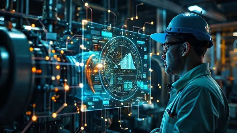 Photorealistic, professional photography, 8K, cinematic lighting, sharp focus, depth of field, shot on a high-end DSLR. A complex network of glowing data streams emanating from industrial machinery, converging into a central holographic display showing predictive analytics and machine learning models in action, with a maintenance technician observing intently.