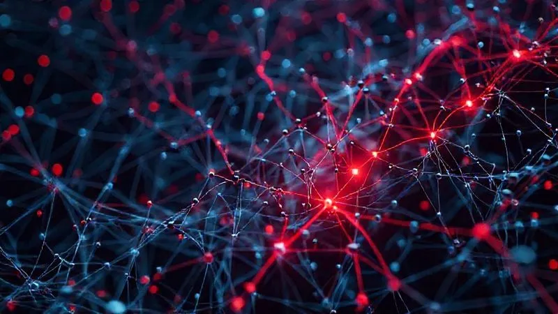 A photorealistic 3D visualization of complex, interconnected data nodes, with certain pathways highlighted in a discriminatory red, indicating biased flows. The overall image has a sense of historical data patterns being fed into an AI system, cinematic lighting, sharp focus on the biased pathways, depth of field, 8K hyper-detailed, shot on a high-end DSLR.