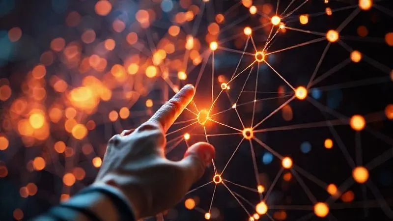A photorealistic abstract visualization of Explainable AI (XAI). Glowing lines and nodes connect different data points to a central decision, with a human hand pointing to a specific connection, indicating transparency and understanding. Cinematic lighting, sharp focus on the interconnectedness, depth of field, 8K hyper-detailed, shot on a high-end DSLR.
