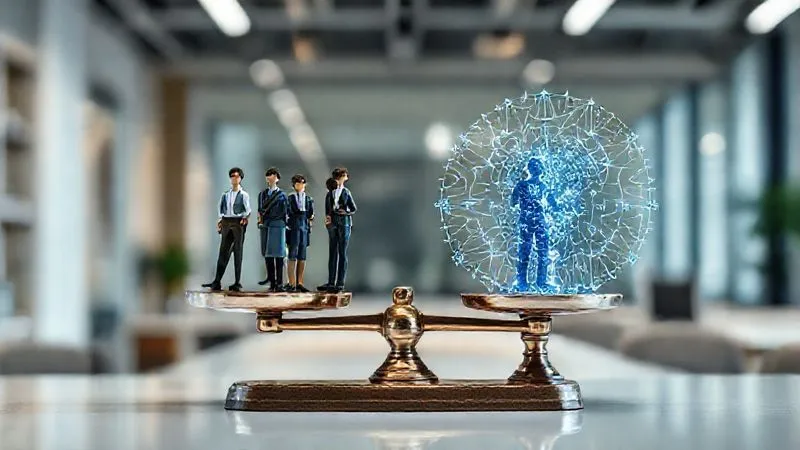 A photorealistic image of a perfectly balanced vintage scale, with one side holding a diverse group of miniature professional figures and the other side holding a glowing, abstract representation of an unbiased AI algorithm. The background is a modern, clean office environment with cinematic lighting, sharp focus on the scale, depth of field, 8K hyper-detailed, shot on a high-end DSLR.