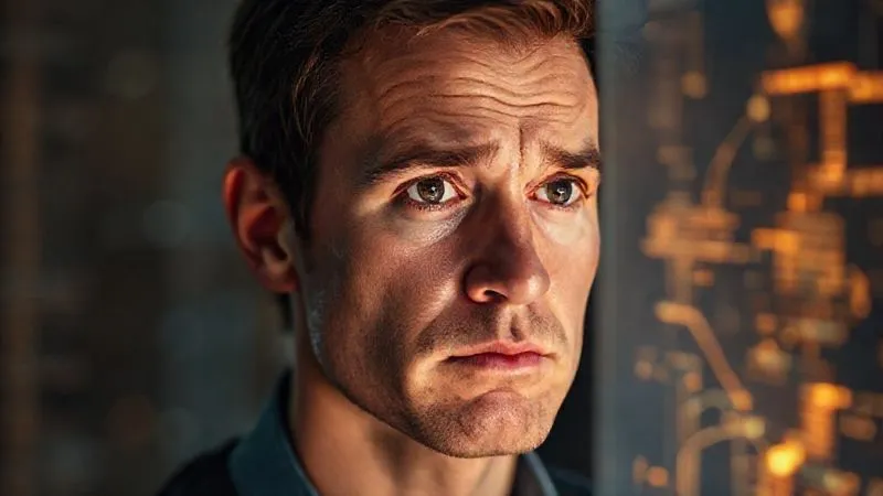 A photorealistic image of a person with a thoughtful, slightly skeptical expression, looking at a translucent, glowing holographic interface displaying complex data, symbolizing uncertainty about new technology. Professional photography, 8K, cinematic lighting, sharp focus, depth of field, shot on a high-end DSLR.