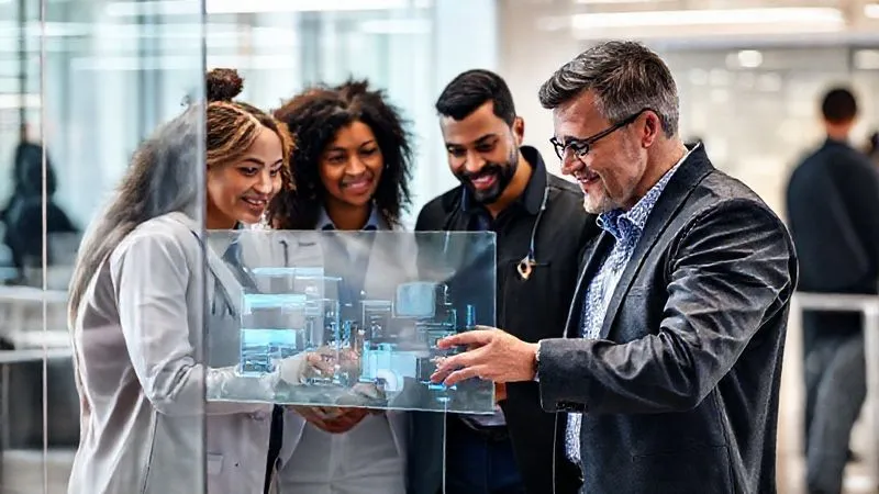 A photorealistic image of diverse professionals collaborating around a futuristic transparent display, actively learning and discussing a new technology with a helpful, friendly support representative. The scene is bright, modern, and conveys ease of understanding. Professional photography, 8K, cinematic lighting, sharp focus, depth of field, shot on a high-end DSLR.