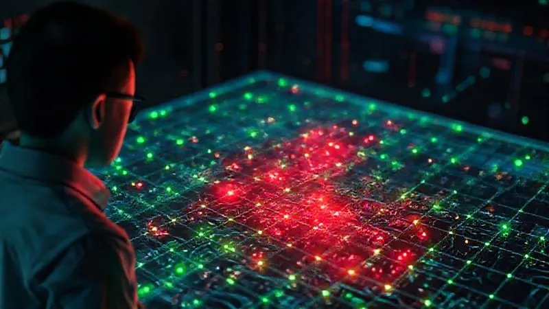 A photorealistic, professional photography, 8K, cinematic lighting, sharp focus, depth of field, shot on a high-end DSLR, showing a holographic projection of a smart grid overlaid with predictive analytics, highlighting potential attack vectors and vulnerabilities in glowing red, while secure pathways are green. A cybersecurity analyst is observing this complex 3D model.