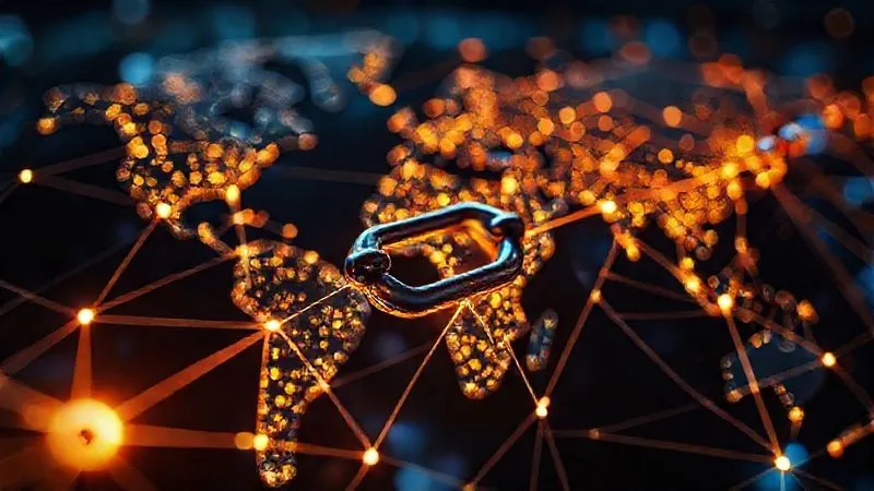 A photorealistic, professional photography, 8K, cinematic lighting, sharp focus, depth of field, shot on a high-end DSLR, depicting a complex global supply chain visualized as interconnected glowing lines, with a single, dark, fractured link representing a vulnerable point in the chain, highlighting the critical importance of vetting every component in smart grid infrastructure.