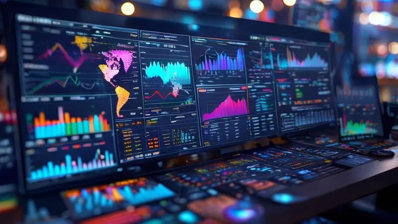 A photorealistic image of a complex data dashboard displaying real-time mobile game economy metrics, with graphs and charts, cinematic lighting, sharp focus on the central dashboard, depth of field blurring a subtle background of game characters. 8K, shot on a high-end DSLR. A photorealistic image of a complex data dashboard displaying real-time mobile game economy metrics, with graphs and charts, cinematic lighting, sharp focus on the central dashboard, depth of field blurring a subtle background of game characters. 8K, shot on a high-end DSLR.