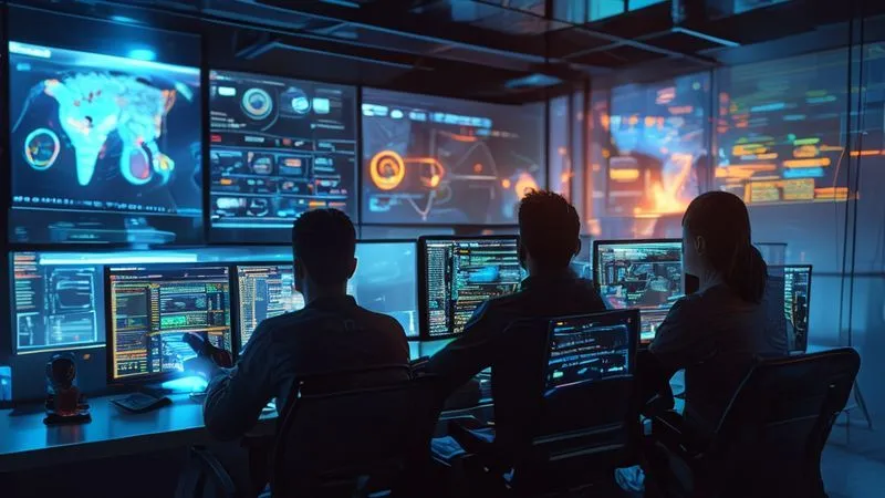 A photorealistic image of a digital "incident response" team in a high-tech control room, focused on multiple screens displaying mobile game data, alerts flashing, with a sense of urgency and collaboration. Cinematic lighting, sharp focus on the team, depth of field blurring complex data visualizations. 8K, shot on a high-end DSLR. A photorealistic image of a digital "incident response" team in a high-tech control room, focused on multiple screens displaying mobile game data, alerts flashing, with a sense of urgency and collaboration. Cinematic lighting, sharp focus on the team, depth of field blurring complex data visualizations. 8K, shot on a high-end DSLR.
