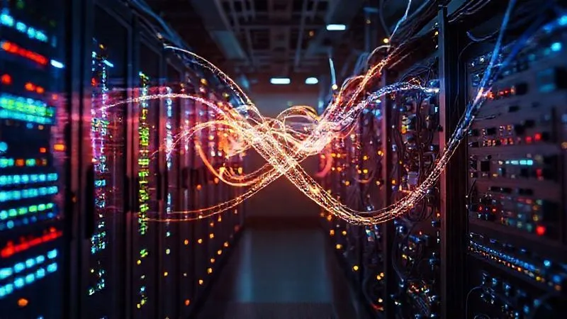 A photorealistic abstract representation of IT and OT networks converging, with glowing data streams intertwining. On one side, server racks and digital interfaces; on the other, industrial control panels and power lines. A subtle tension or vulnerability is implied at their intersection. Cinematic lighting, 8K, sharp focus, depth of field, shot on a high-end DSLR.