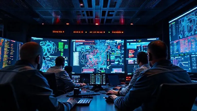 A photorealistic image of a modern Security Operations Center (SOC) or Network Operations Center (NOC) for a smart grid. Large display screens show complex network topologies, real-time data flows, and flashing alerts. Operators are intensely focused, collaborating around a central console. Cinematic lighting emphasizes the screens and the faces of the operators. 8K, sharp focus on the central activity, depth of field blurring the background screens, shot on a high-end DSLR.