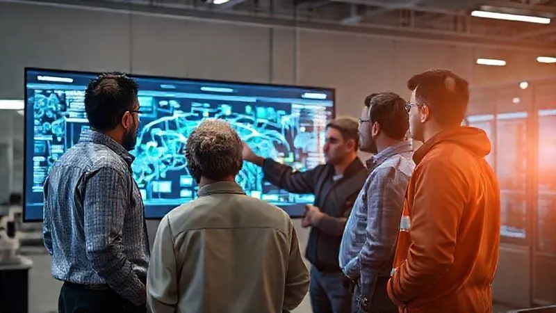 A photorealistic image of a diverse group of smart grid engineers and cybersecurity specialists engaged in a collaborative training session. They are gathered around an interactive digital display showing a simulated grid network, pointing and discussing. The atmosphere is serious but collaborative, emphasizing shared responsibility. Cinematic lighting, 8K, sharp focus on the group, depth of field blurring background details, shot on a high-end DSLR.