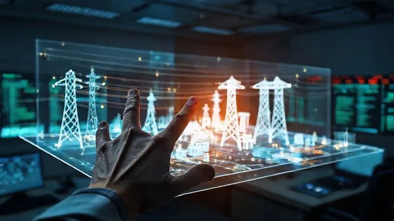 A photorealistic image of a sophisticated digital twin simulation of a smart grid. A holographic 3D model of power lines, substations, and energy flow is projected in a dimly lit control room. Overlayed on the model are data points, potential fault lines, and simulated cyberattack vectors. A hand gestures towards a specific simulated vulnerability. Cinematic lighting, 8K, sharp focus on the hologram and hand, depth of field blurring the background, shot on a high-end DSLR.