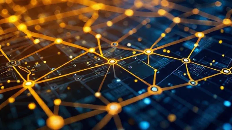 A photorealistic, professional photography, 8K, cinematic lighting, sharp focus, depth of field, shot on a high-end DSLR image of a complex network diagram overlayed with glowing lines connecting different servers and databases, some highlighted in gold representing 'mission-critical' assets, with a subtle depth of field blurring non-critical components. The overall impression is one of strategic focus amidst complexity.